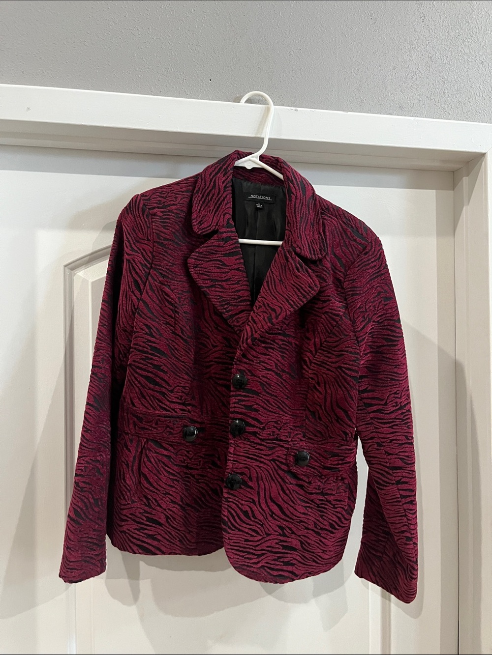 Notations Burgundy and Black Zebra-Print Double-Breasted Pea Coat